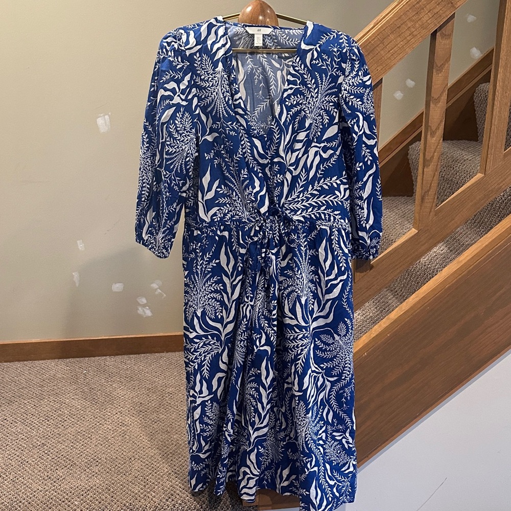 H&M Royal Blue & White Floral Wrap-Style Midi Dress